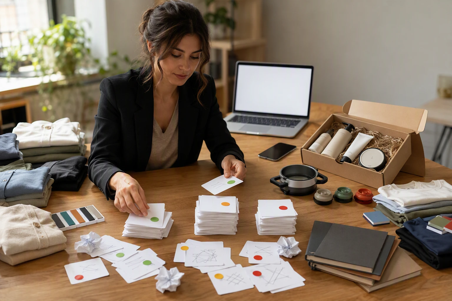 Support manager sorting shopper questions beside products