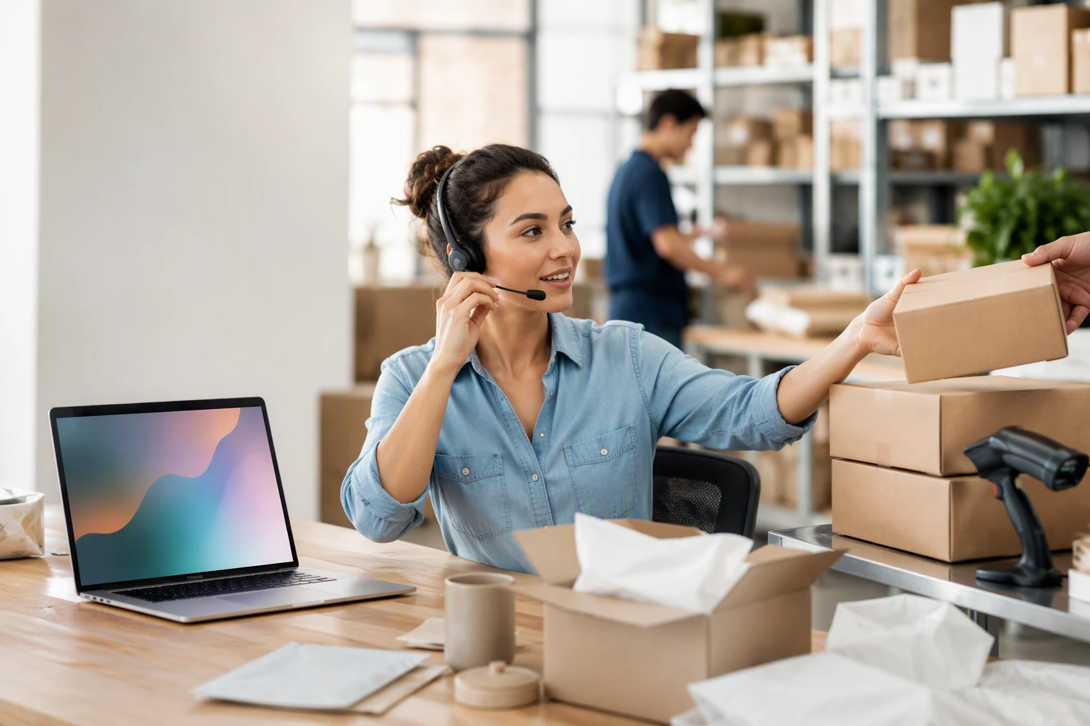 Support agent handing off live chat beside packed orders