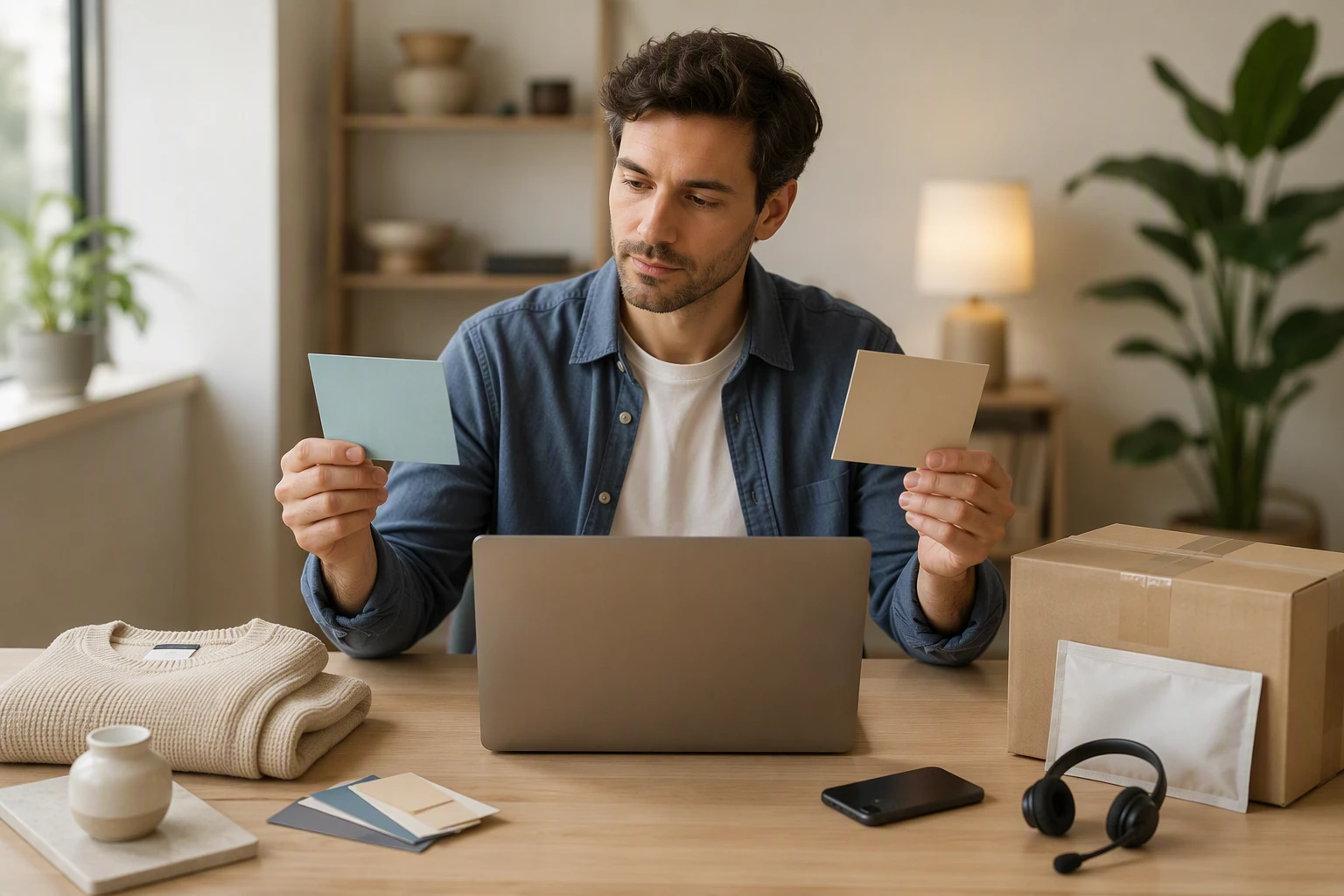 Merchant comparing chatbot options on laptop