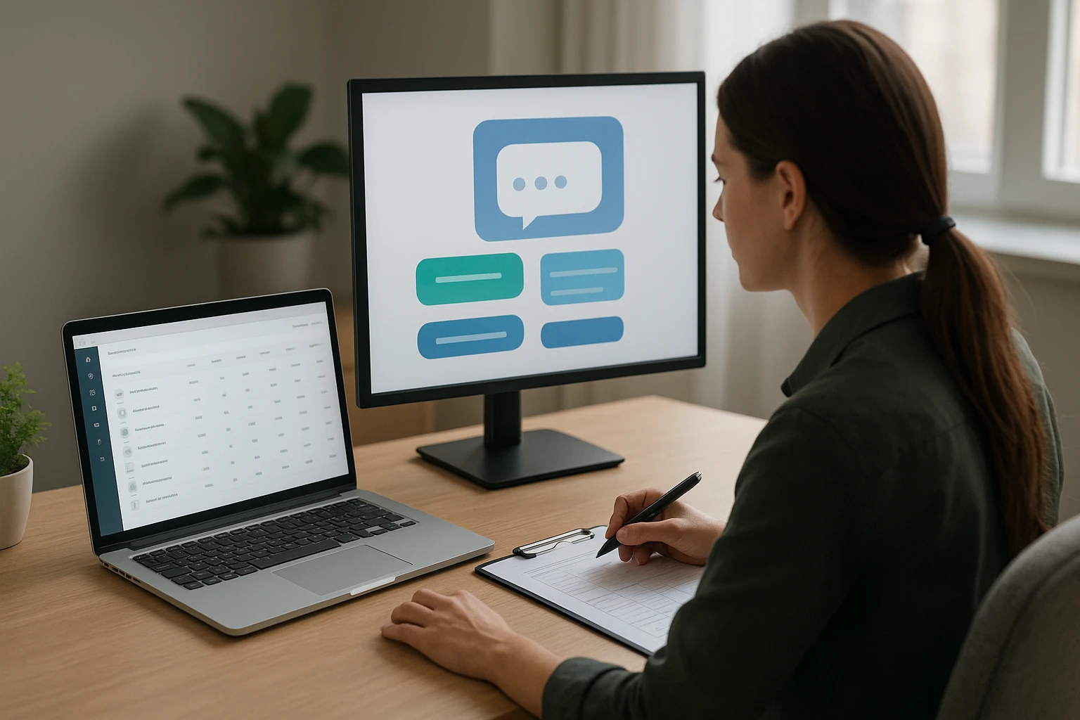 Ecommerce manager checking product variants beside chatbot screen