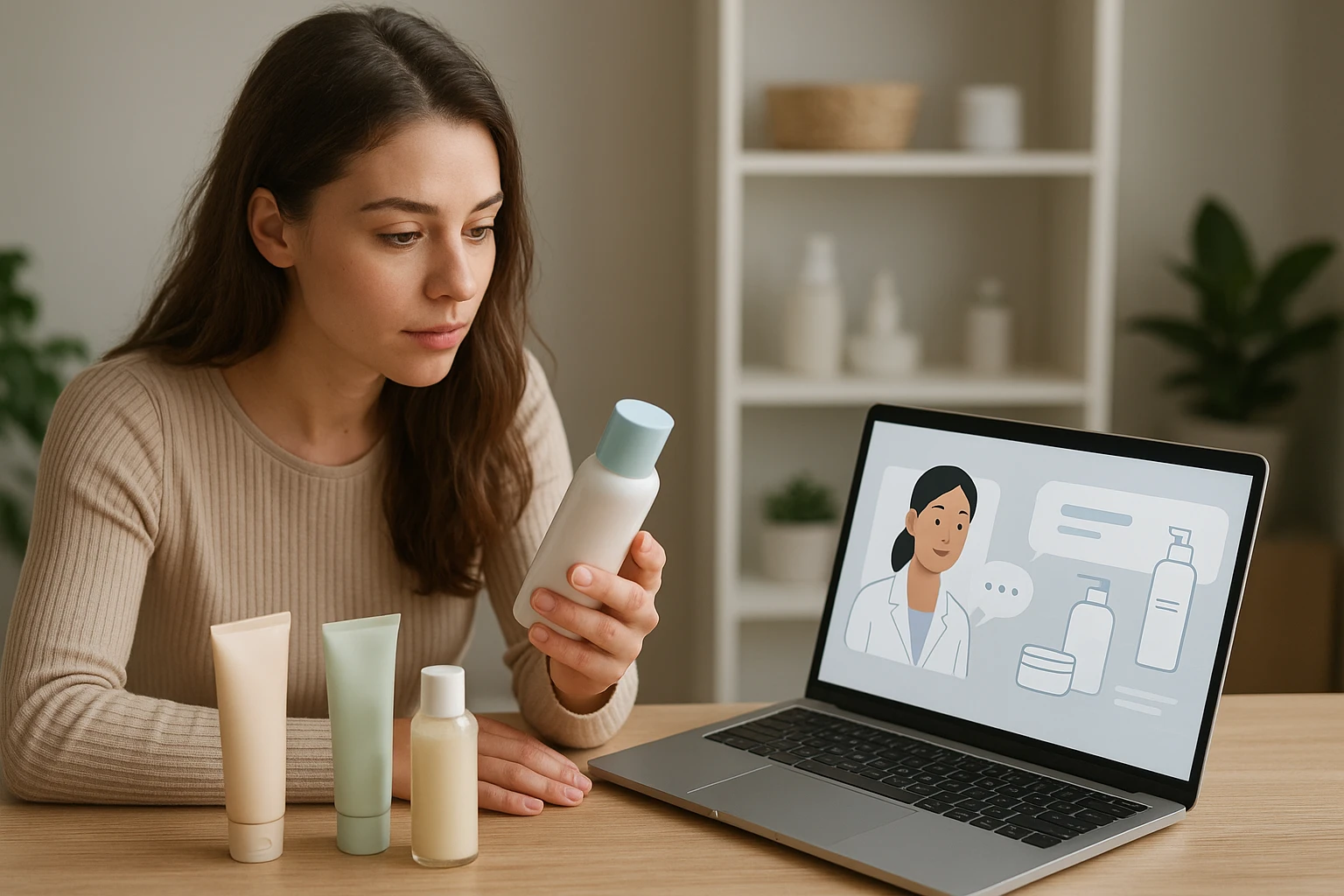 Shopper comparing skincare with chatbot suggesting routine
