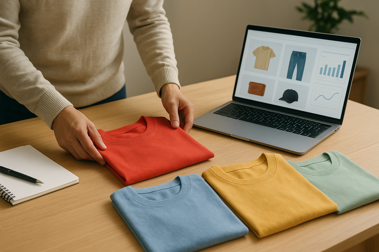 Merchandiser arranging color-coded apparel beside Shopify laptop