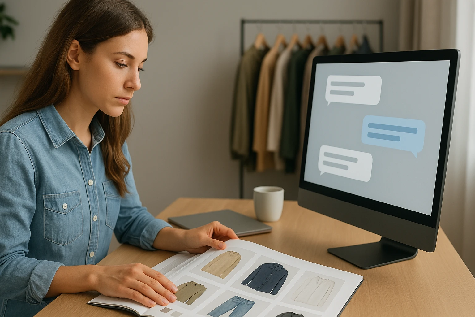 Merchandiser comparing apparel variants beside customer chat window
