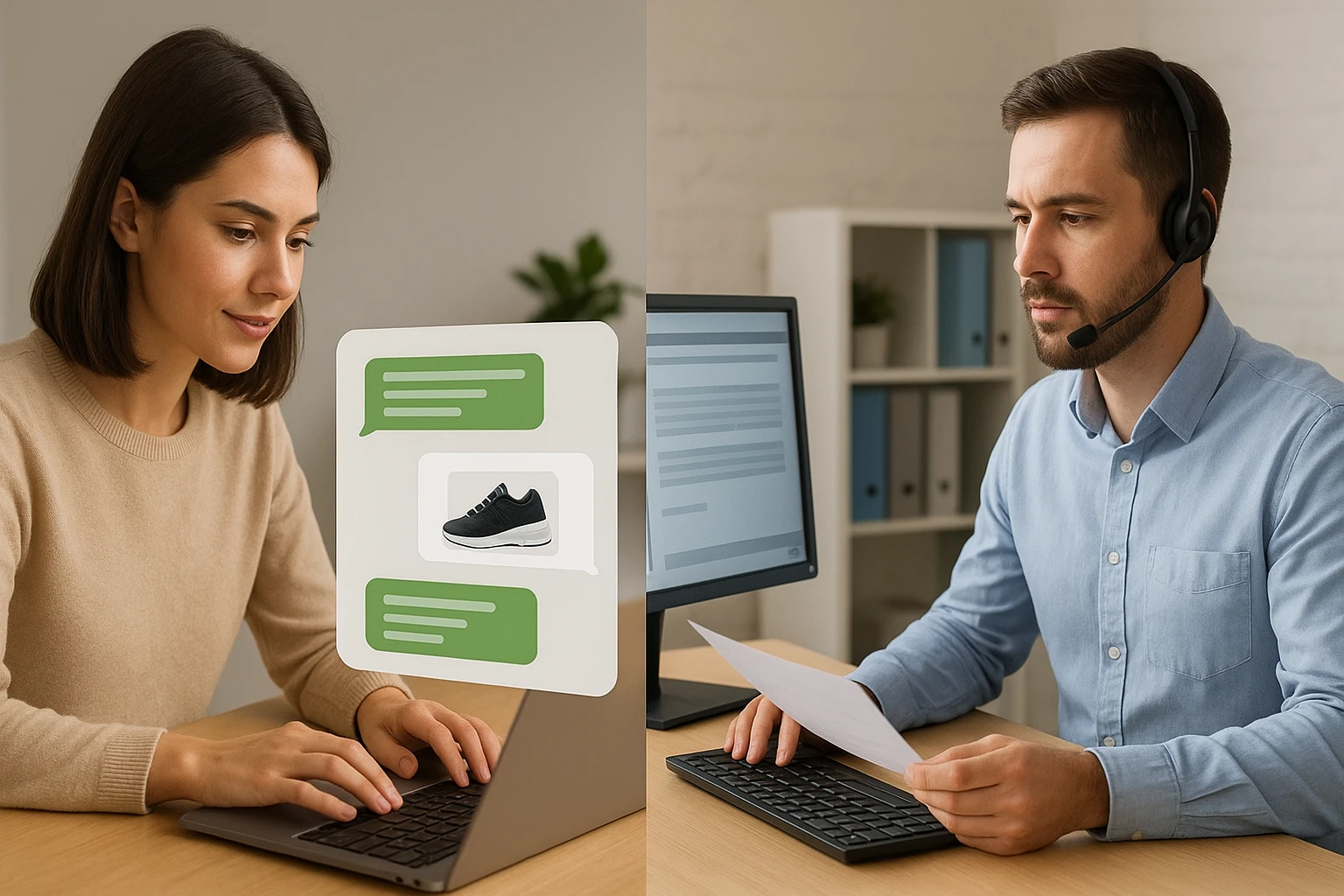 Split-screen shopper comparing items, agent reviewing return