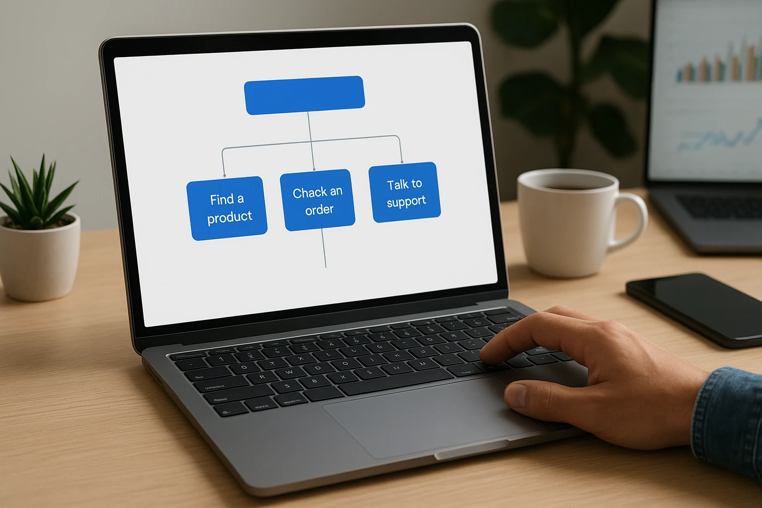 Minimalist chatbot flow diagram on clean desk