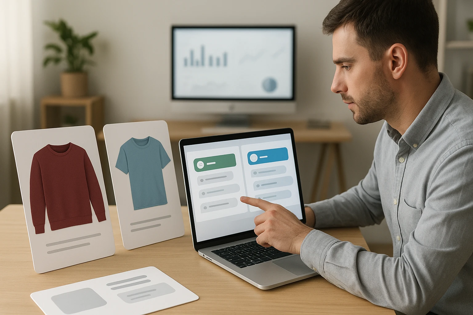 Shopify merchant comparing chatbot flows beside product cards