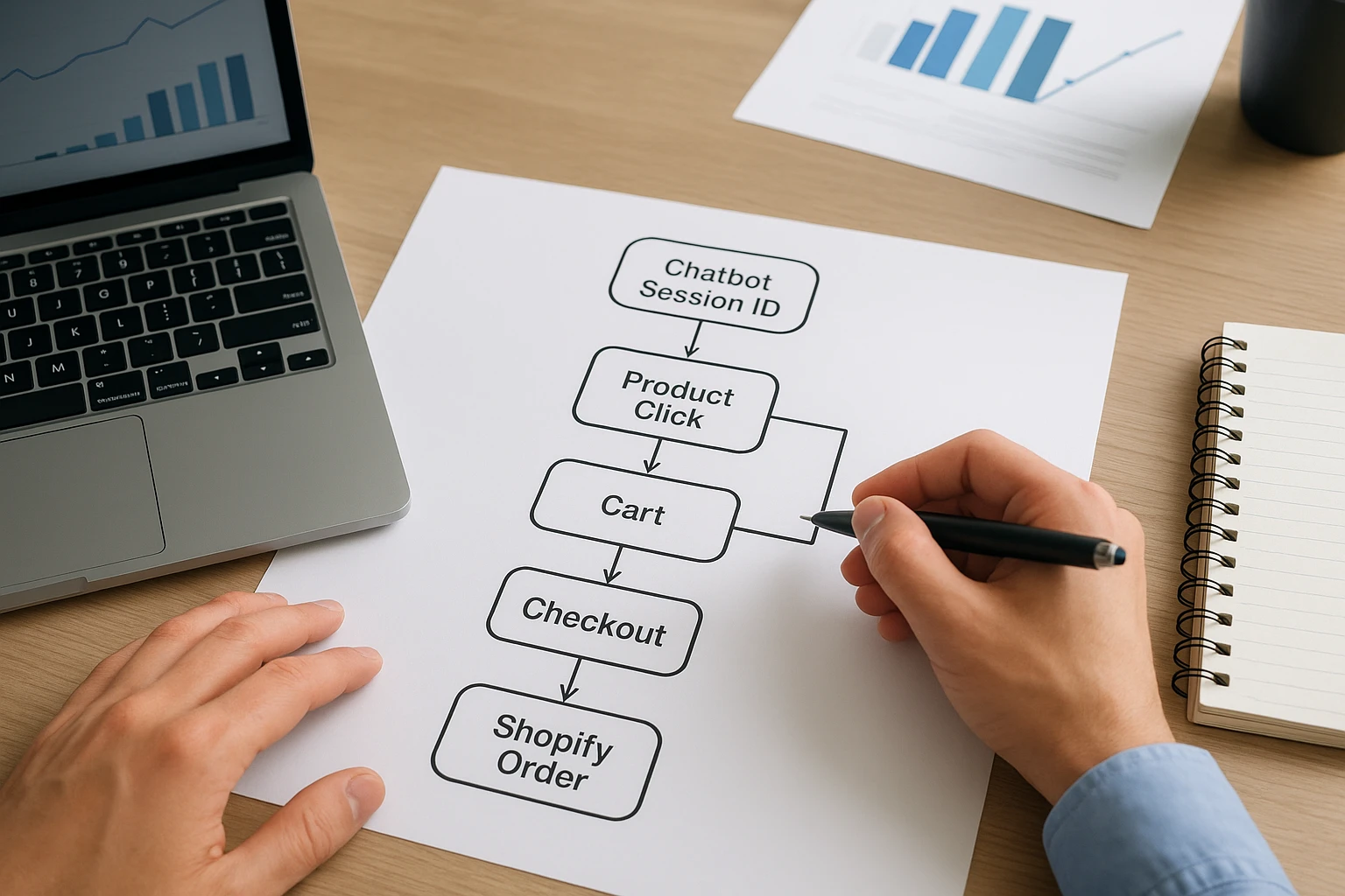 Clean flowchart linking chatbot session to Shopify order