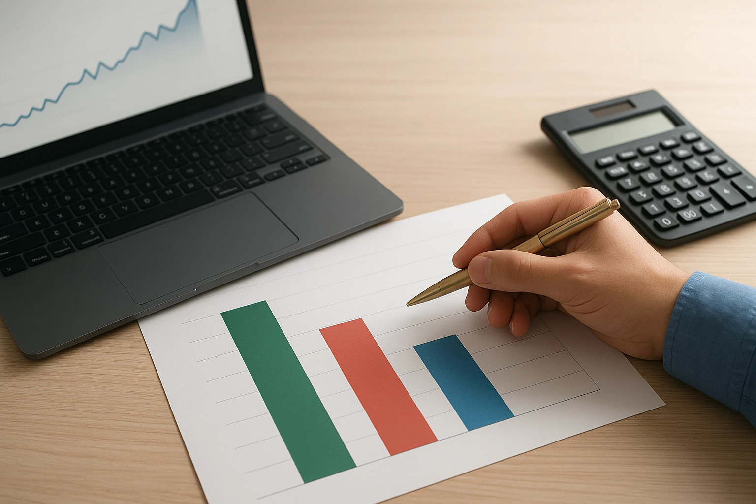 Minimalist waterfall chart beside laptop and calculator