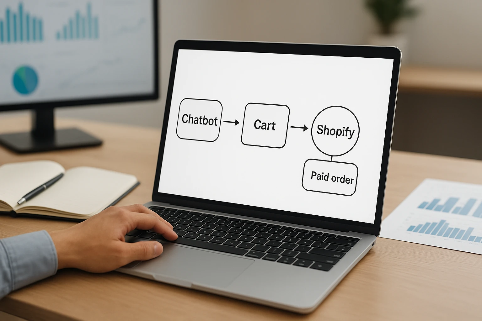 Clean flowchart linking chatbot event to paid order