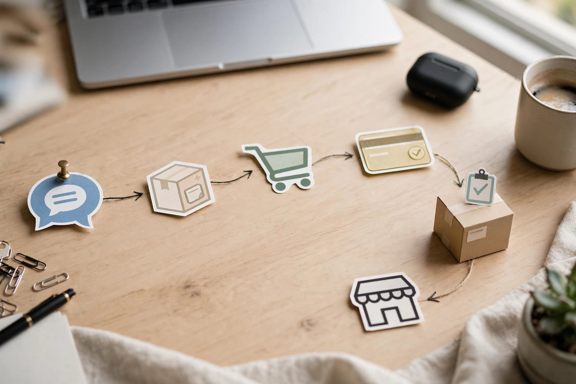 A clean flowchart linking chatbot actions to checkout completion