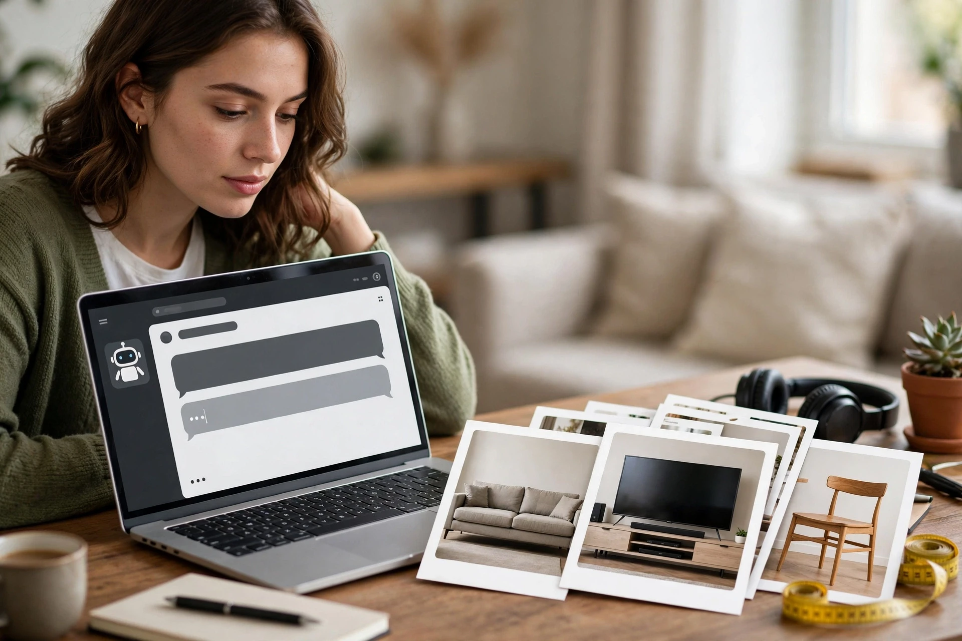 Shopper comparing chatbot advice and product cards on laptop