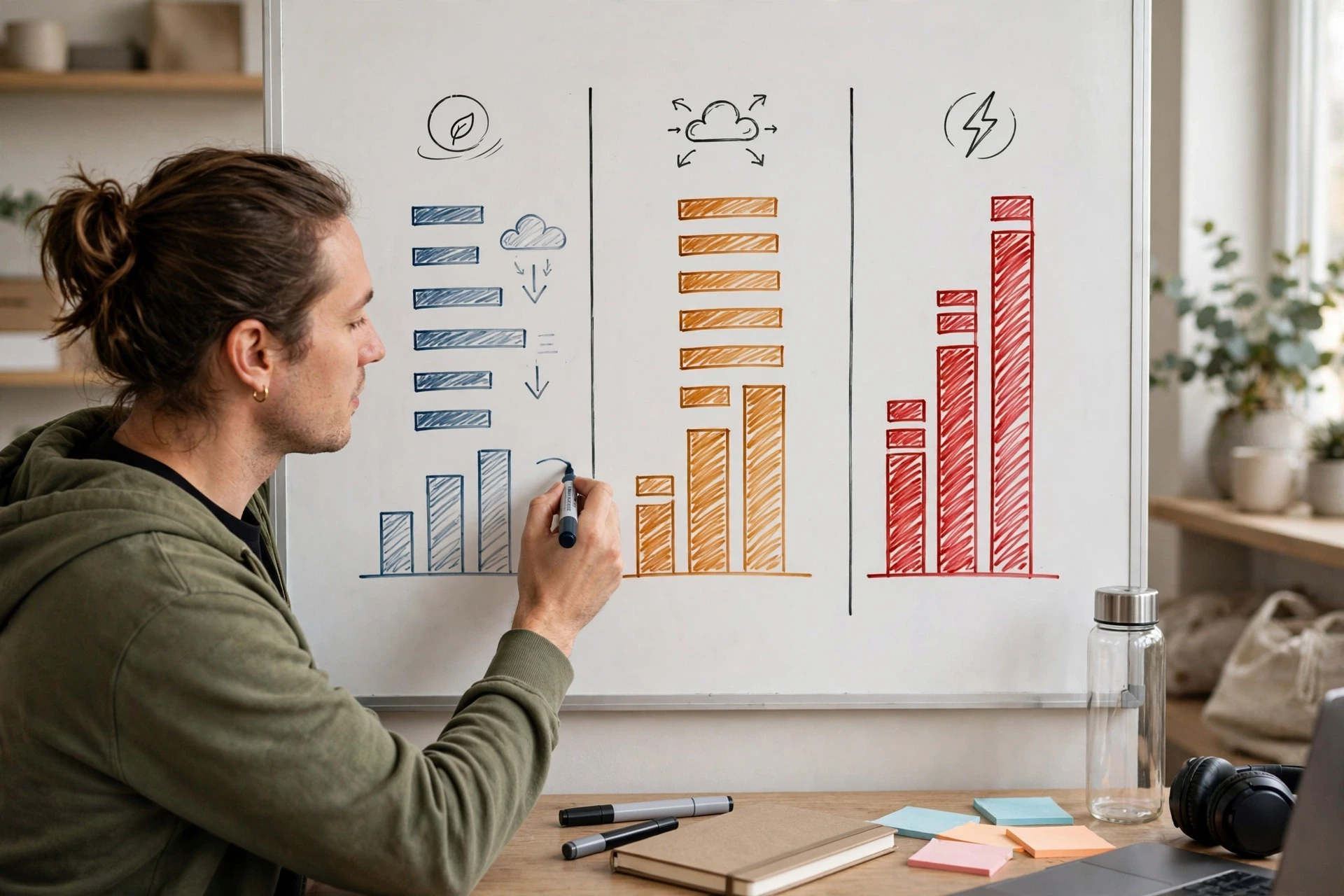 Merchant sketching three traffic scenarios on whiteboard