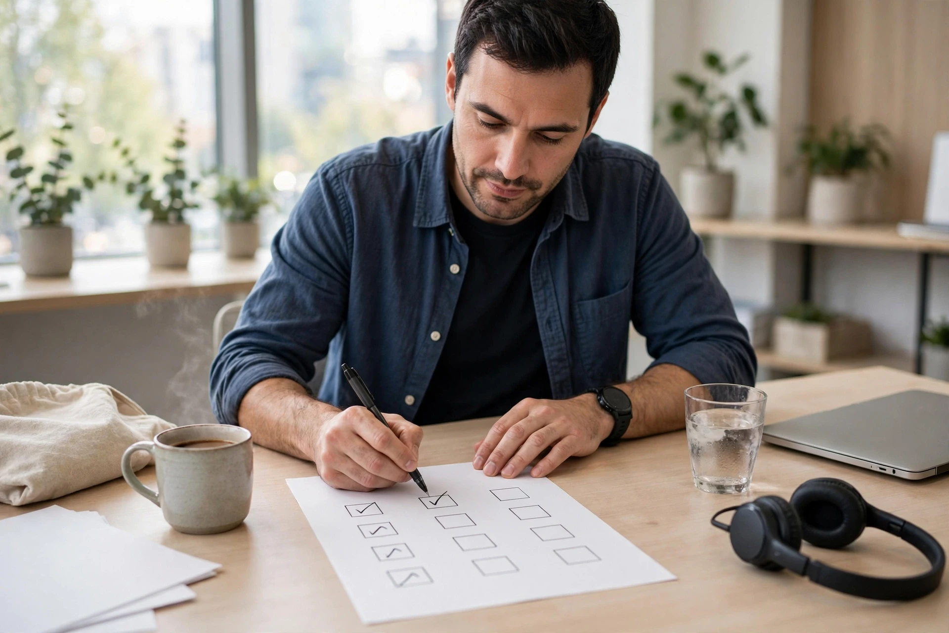 Support lead reviewing printed chatbot handoff checklist