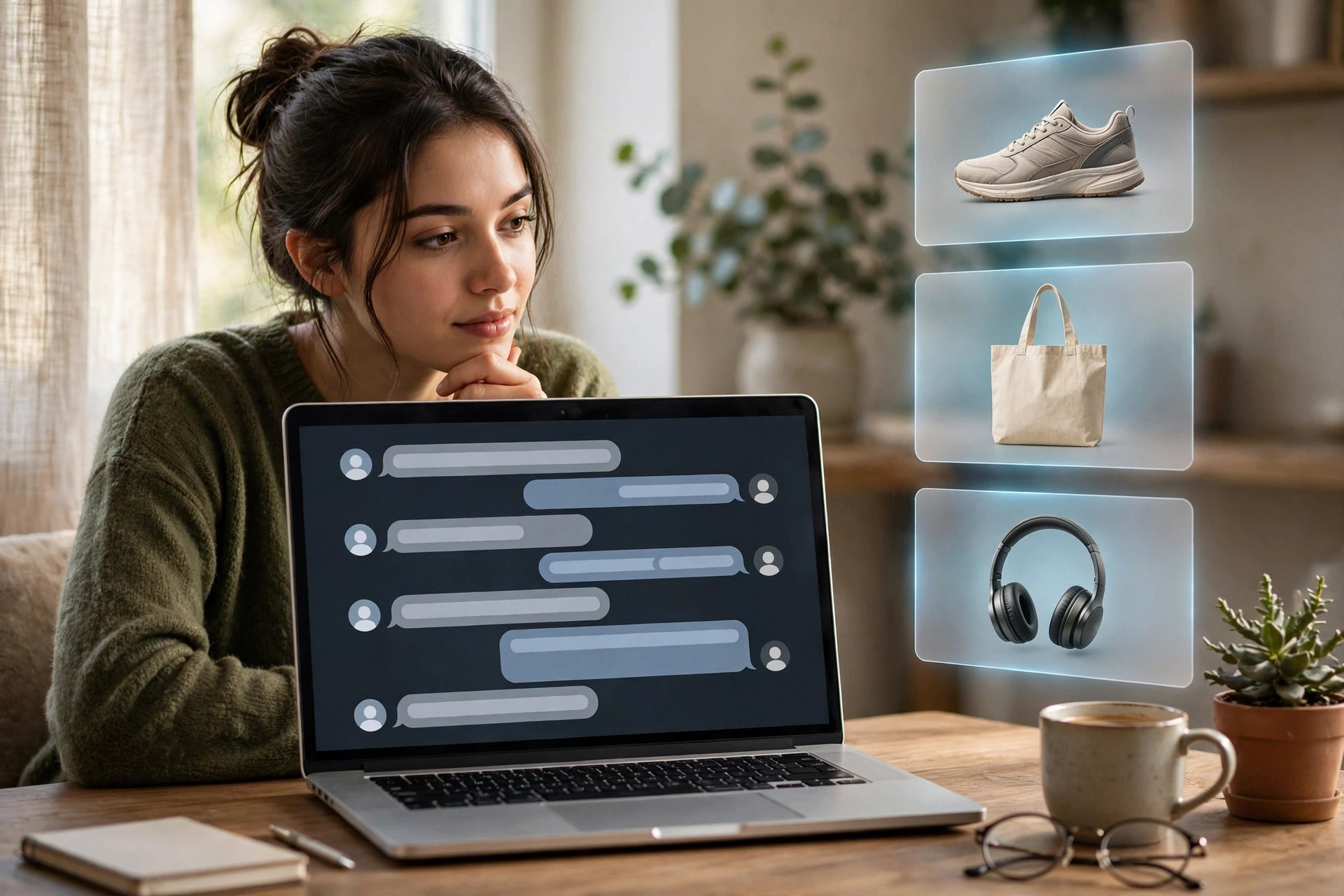 Shopper viewing product cards beside chatbot window