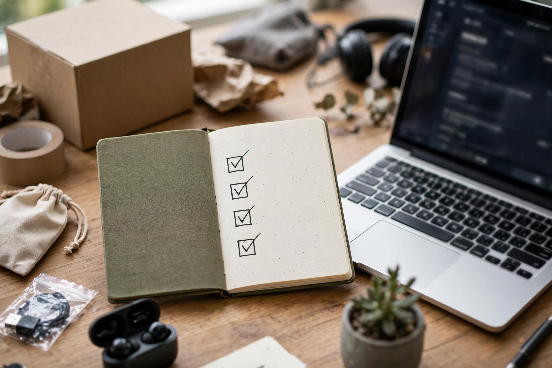 Notebook checklist beside laptop with chatbot dashboard