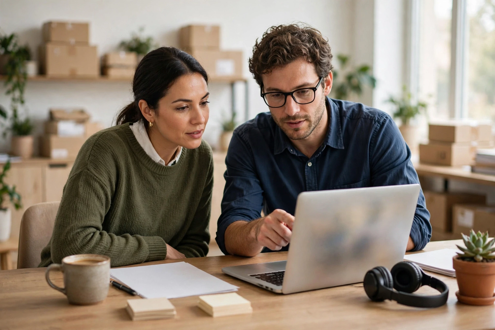 Two support agents reviewing chat transcripts together