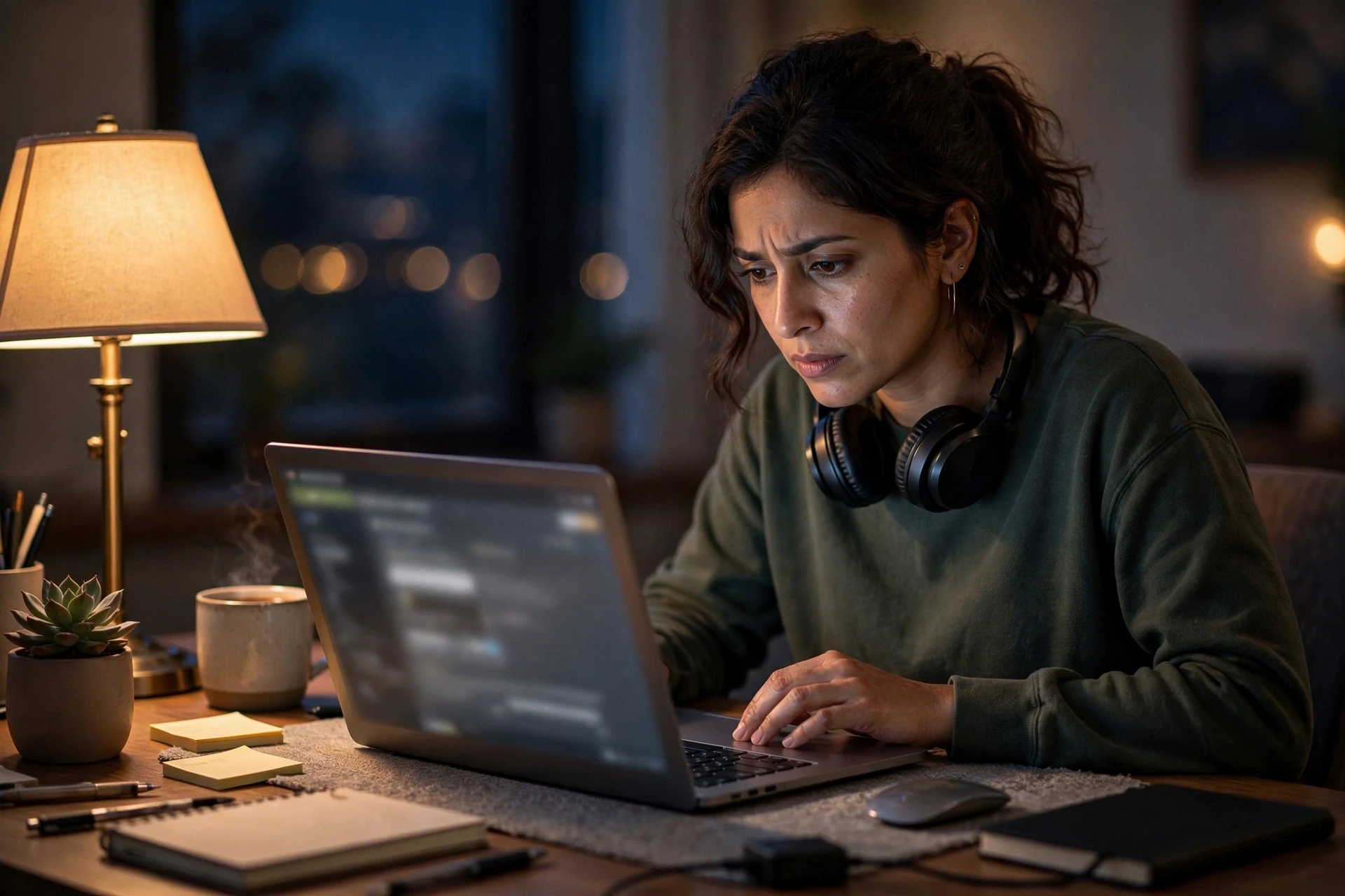 Support agent reviewing angry refund complaint late evening
