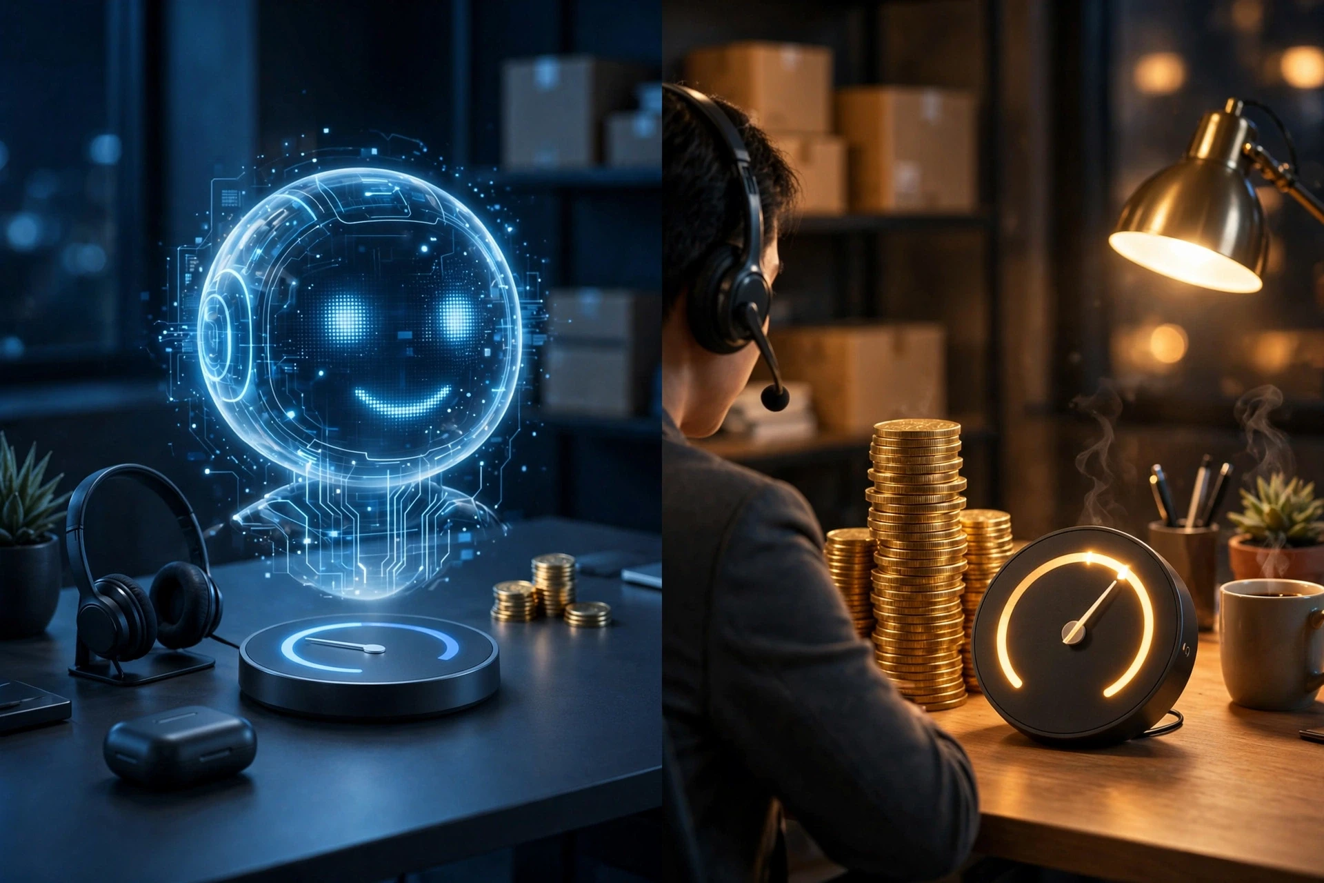 Side-by-side cost comparison gauges on a desk