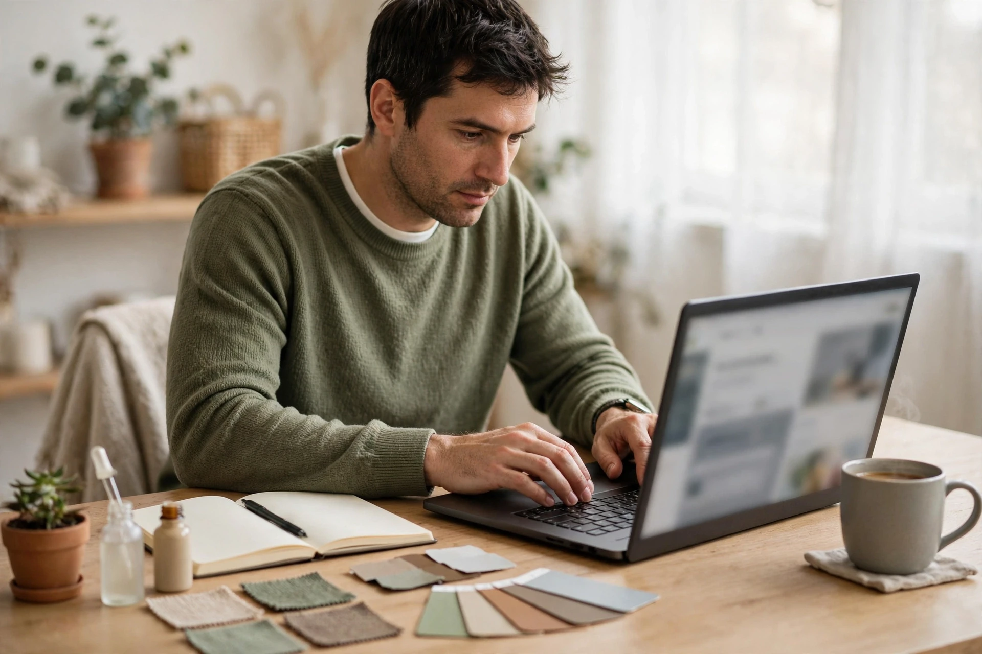 Shop owner editing product quiz on laptop