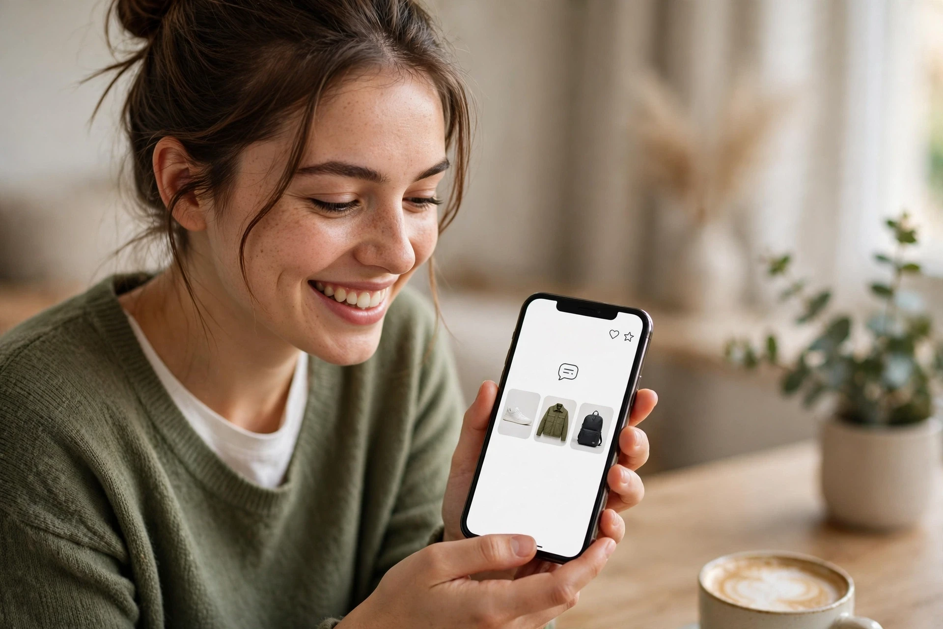 Shopper smiling at phone with product match notification
