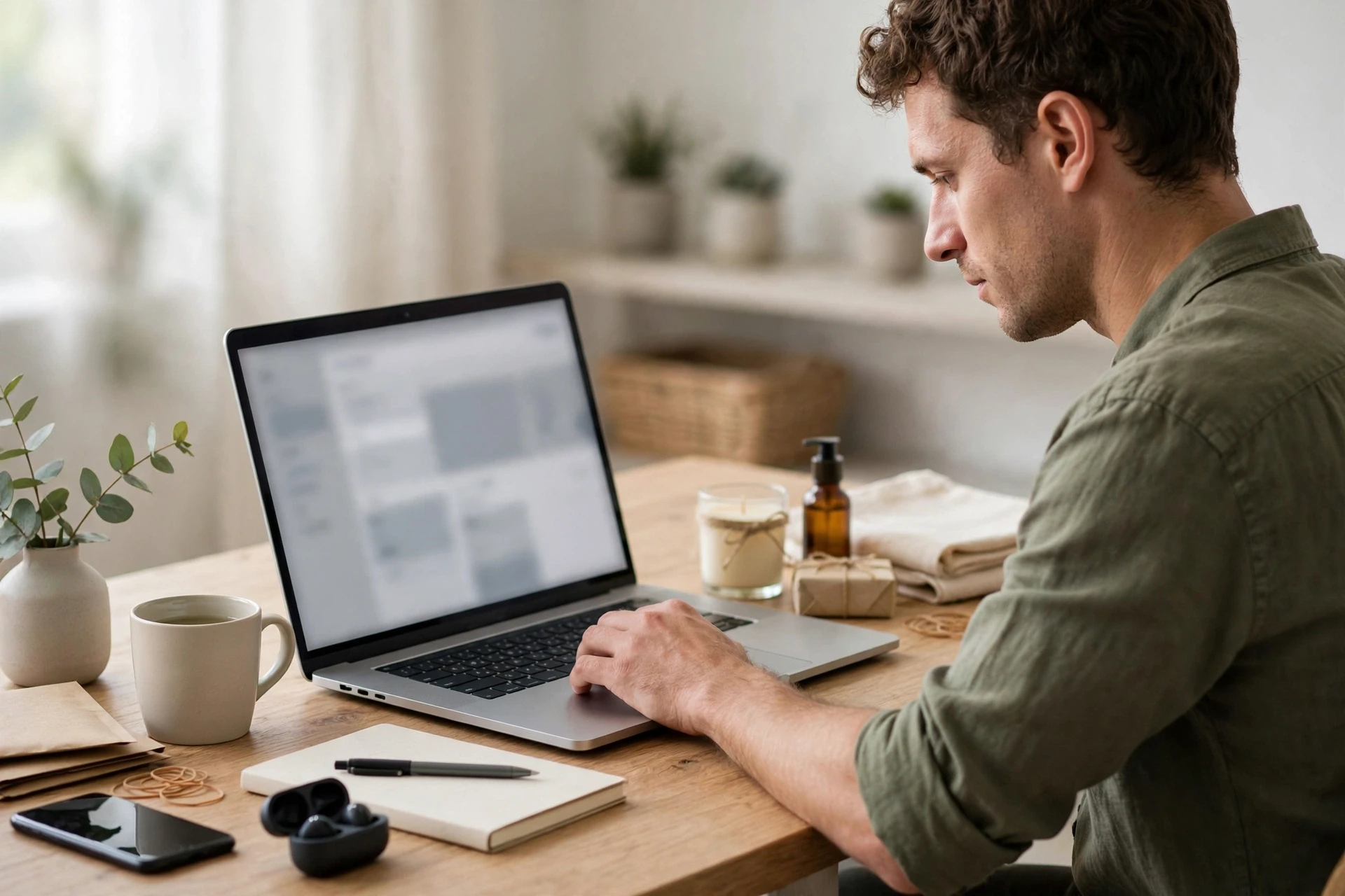 Merchant configuring bundle components on laptop