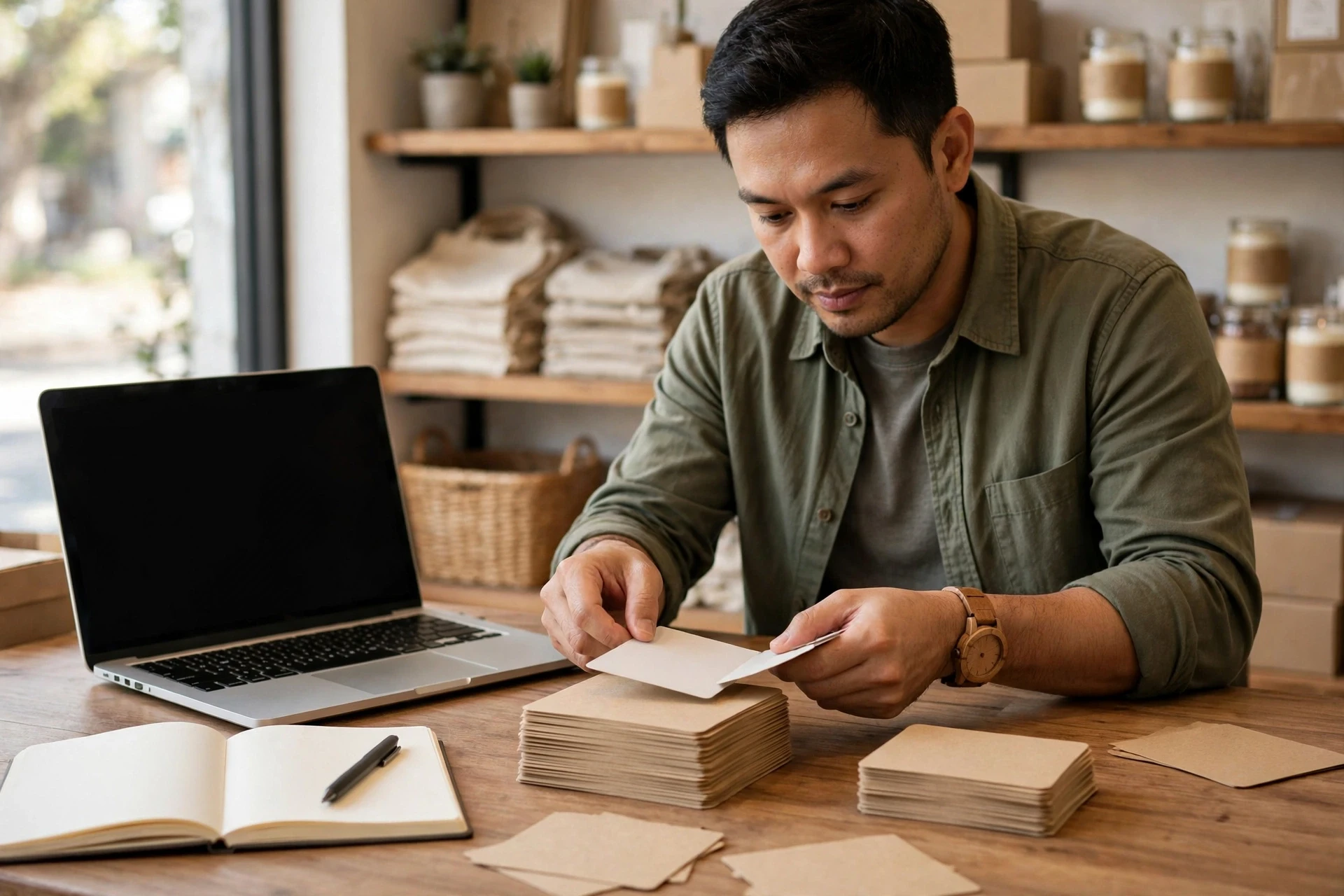 Store owner comparing customer lists on laptop