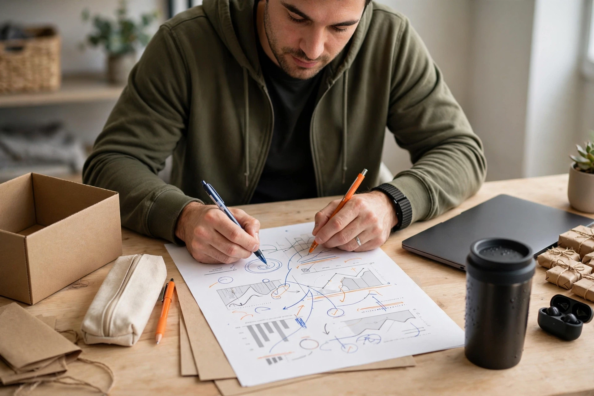 Merchant annotating printed analytics with two pens