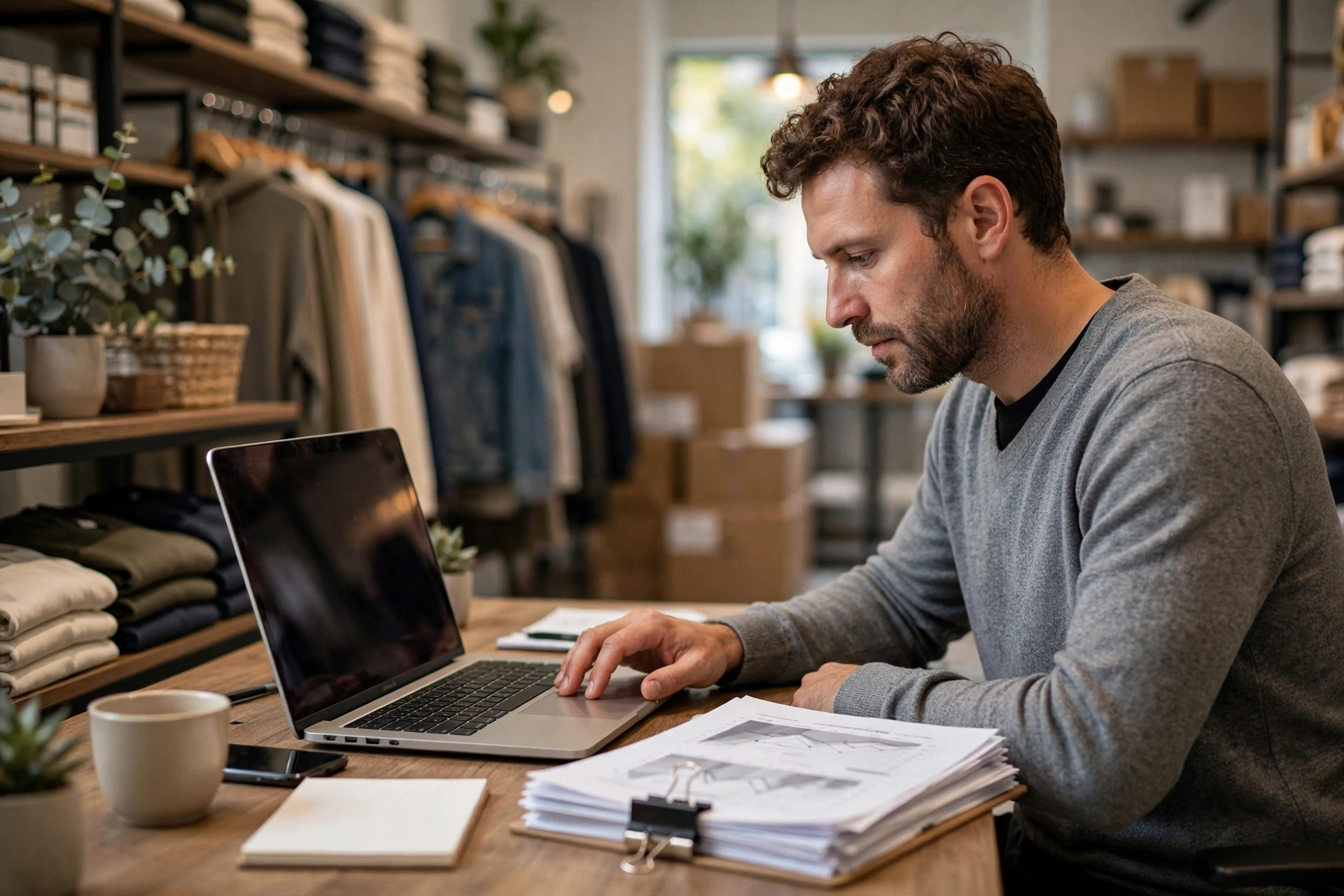 A store owner reviews split test results on a laptop beside printed revenue reports