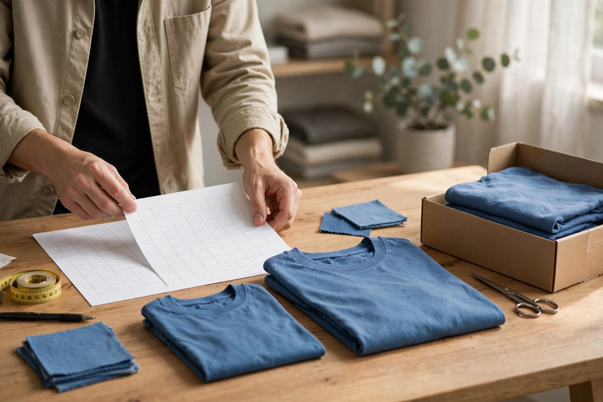 Merchant organizing size chart beside apparel samples