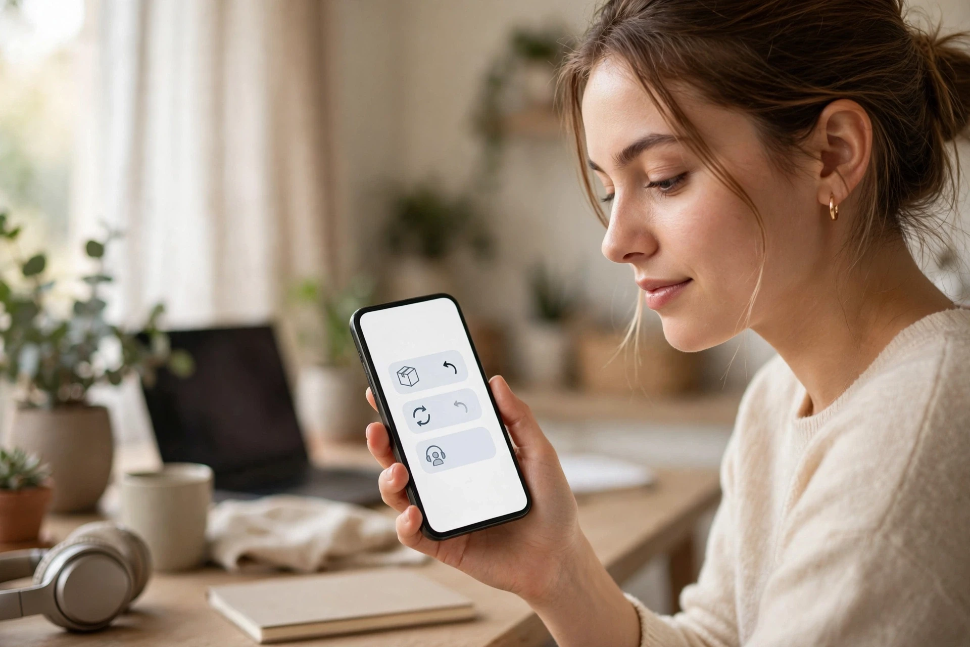 Shopper reading return options on phone chat