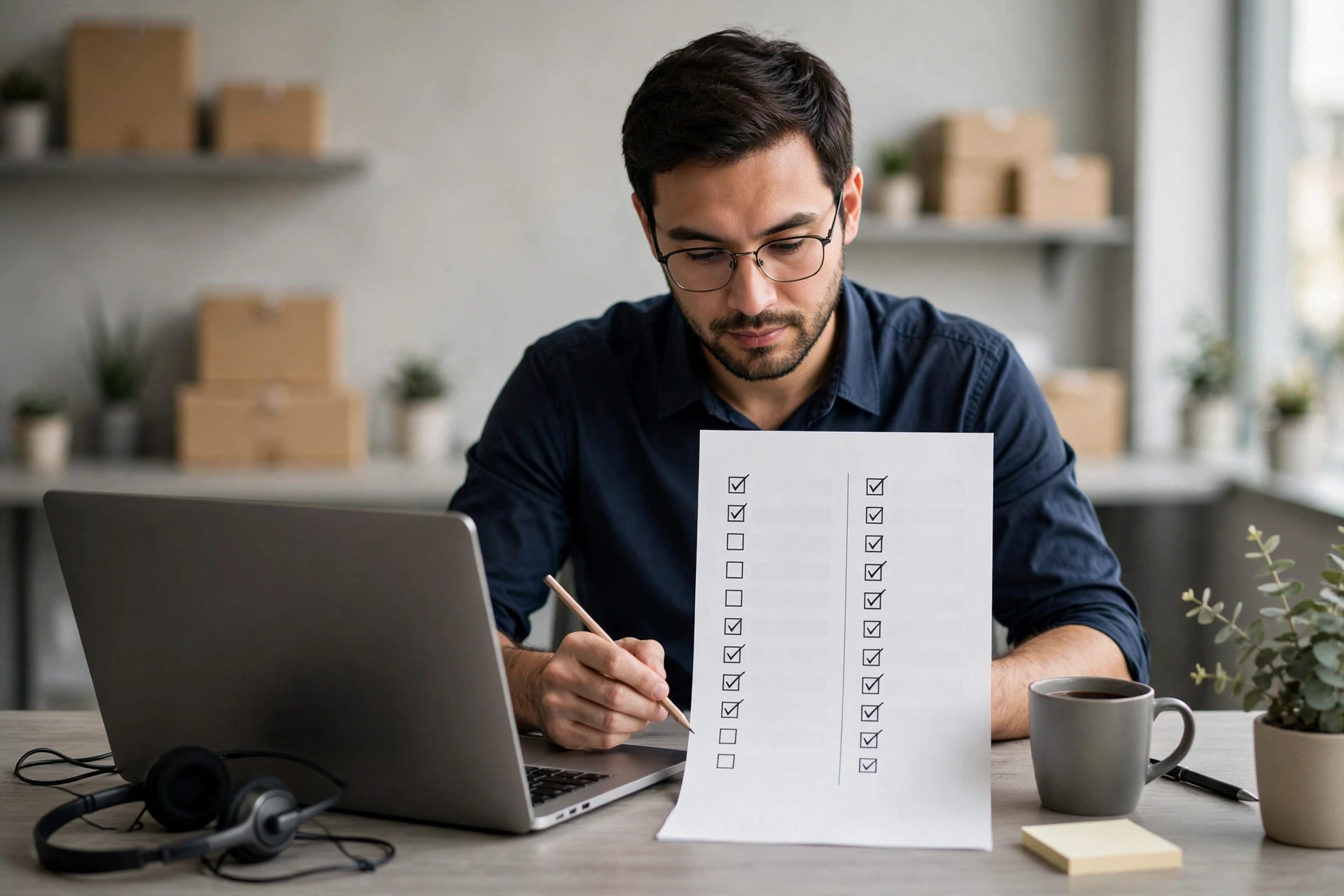 Support agent reviewing chat checklist at laptop