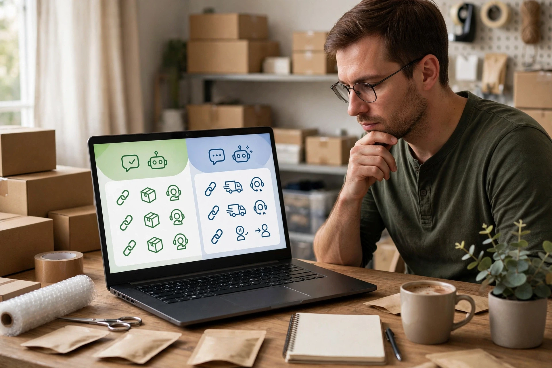 Shop owner comparing chatbot plans on screen