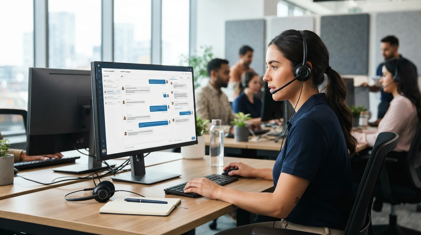 Support agent reviewing seamless chat handoff