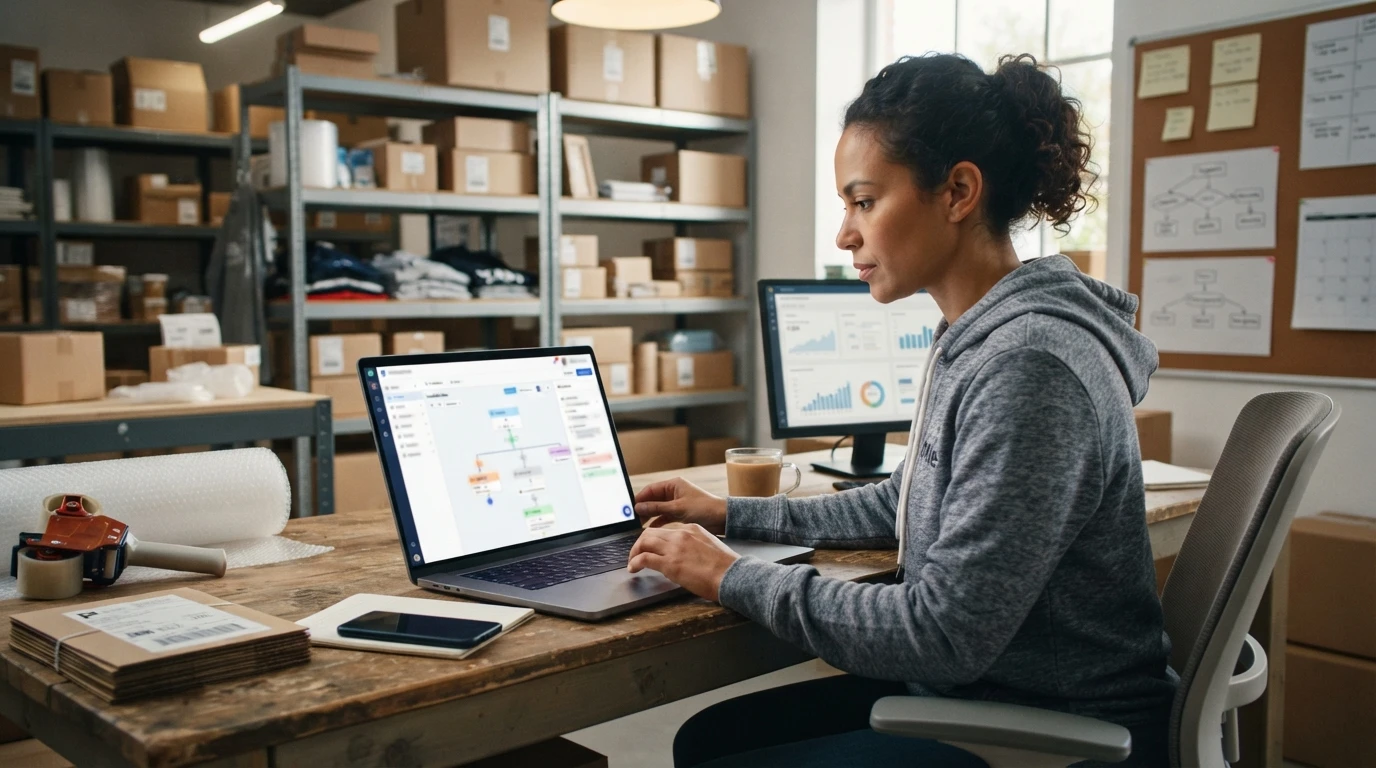 Founder configuring chatbot within warehouse office