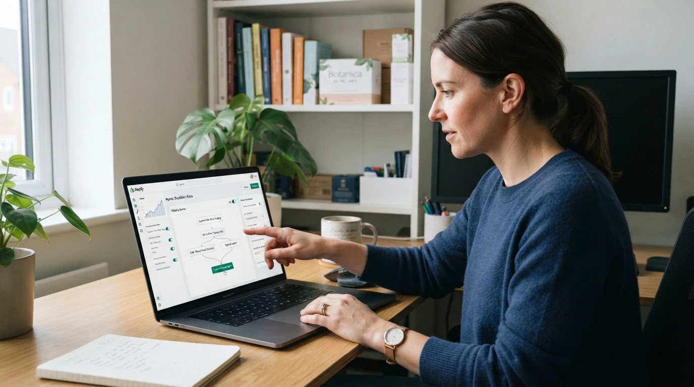 Shop owner reviewing chatbot shipping escalation settings on laptop