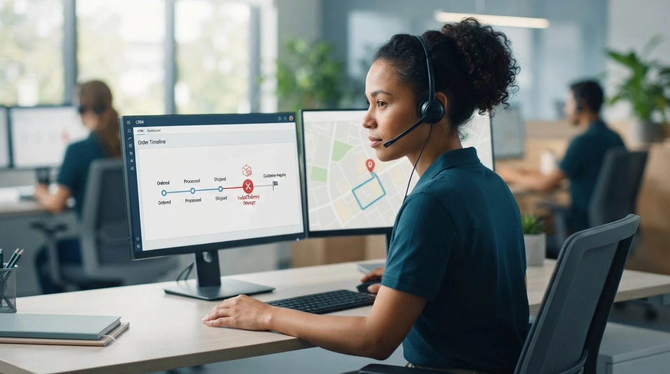 Support agent reviewing order delivery timeline on dual screens