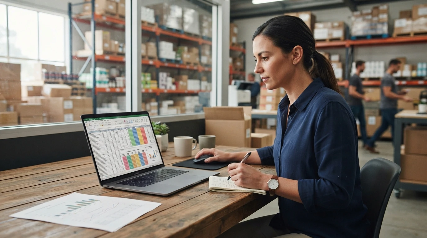 Merchandiser reviewing inventory spreadsheet in warehouse office