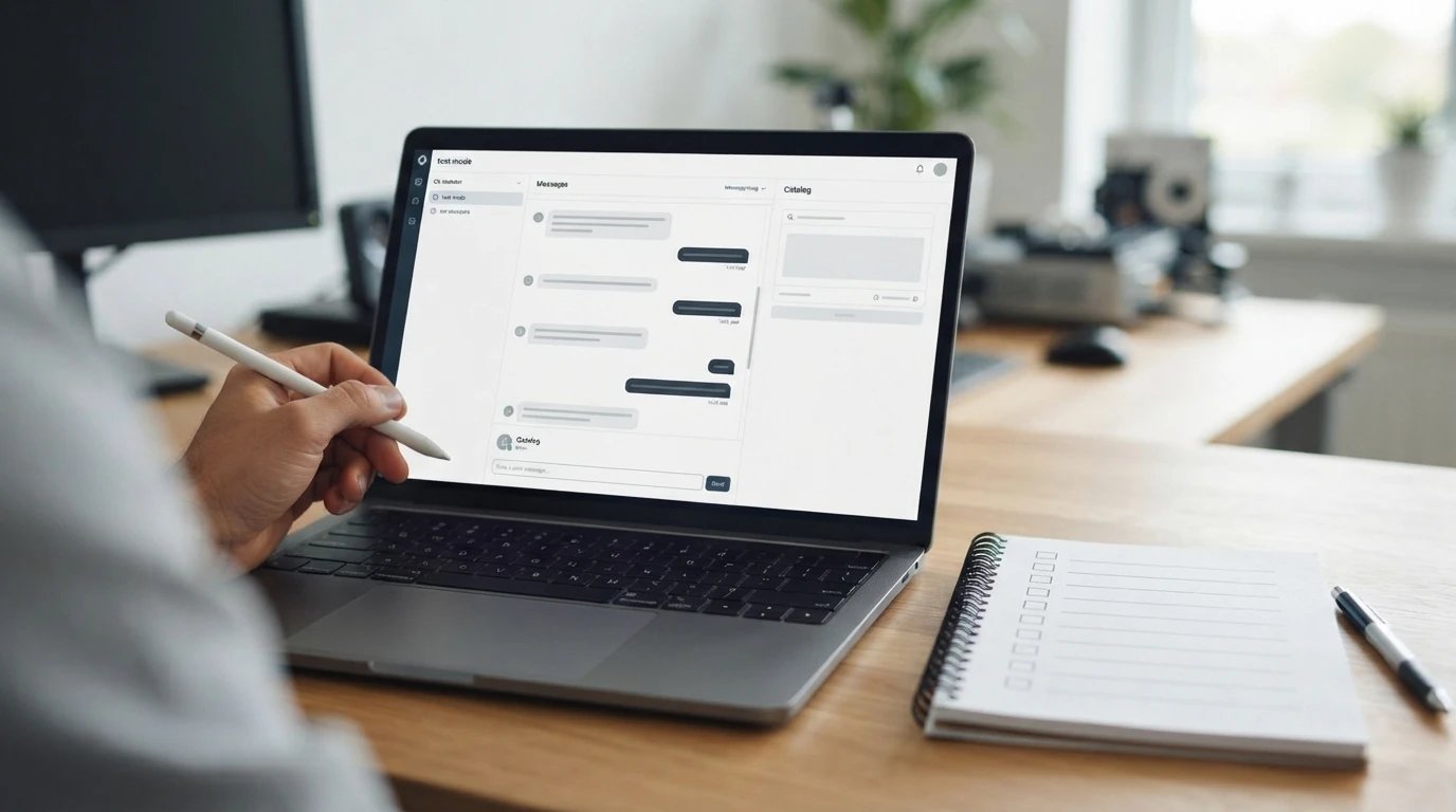 Laptop displaying chatbot test conversation beside checklist