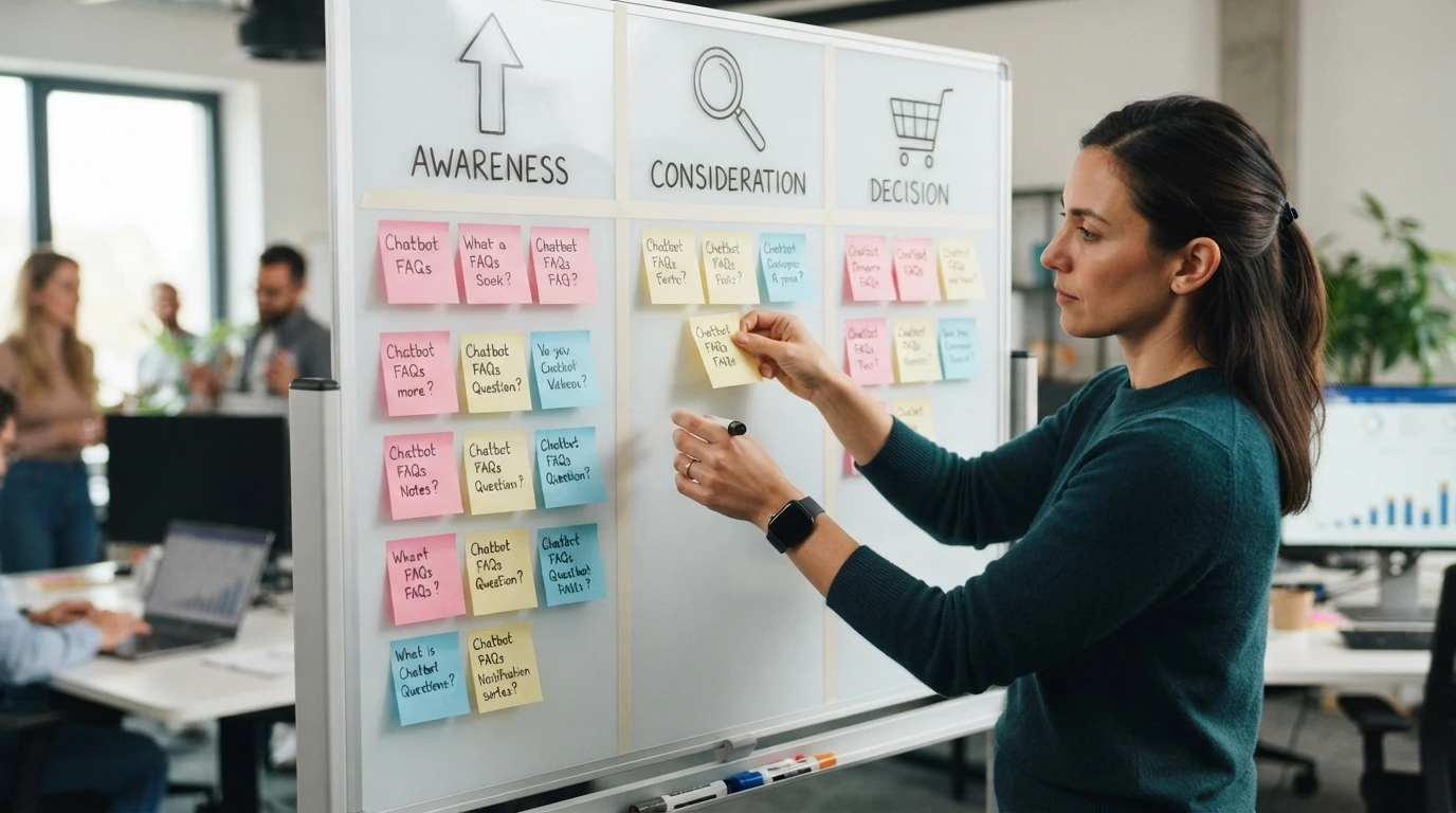 Store operator sorting chatbot questions on a whiteboard