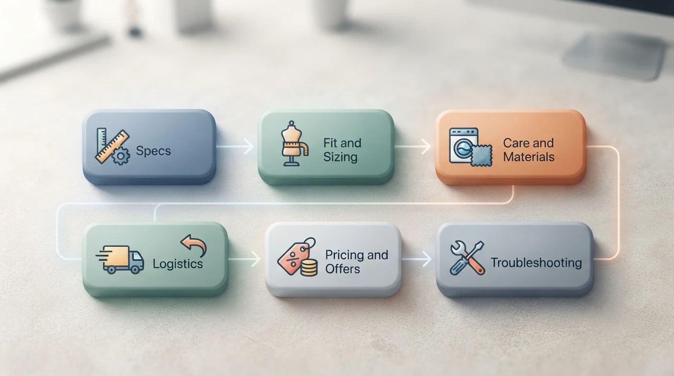 Six connected boxes representing product FAQ categories