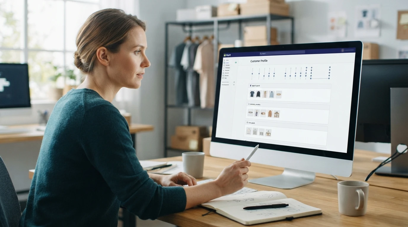 Merchant reviewing customer purchase history on laptop