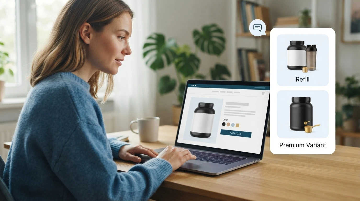 Shopper viewing product page with smart refill suggestion