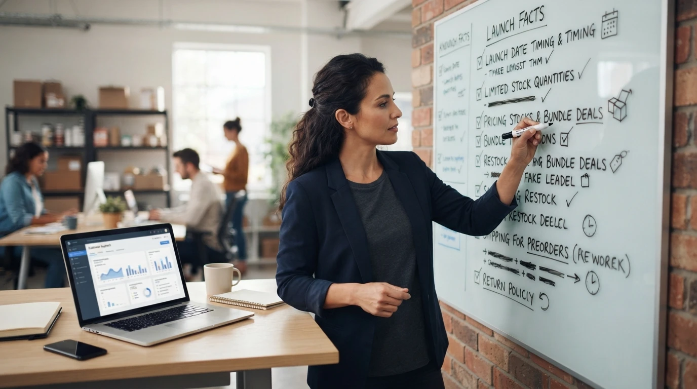 Founder noting launch questions on whiteboard beside laptop