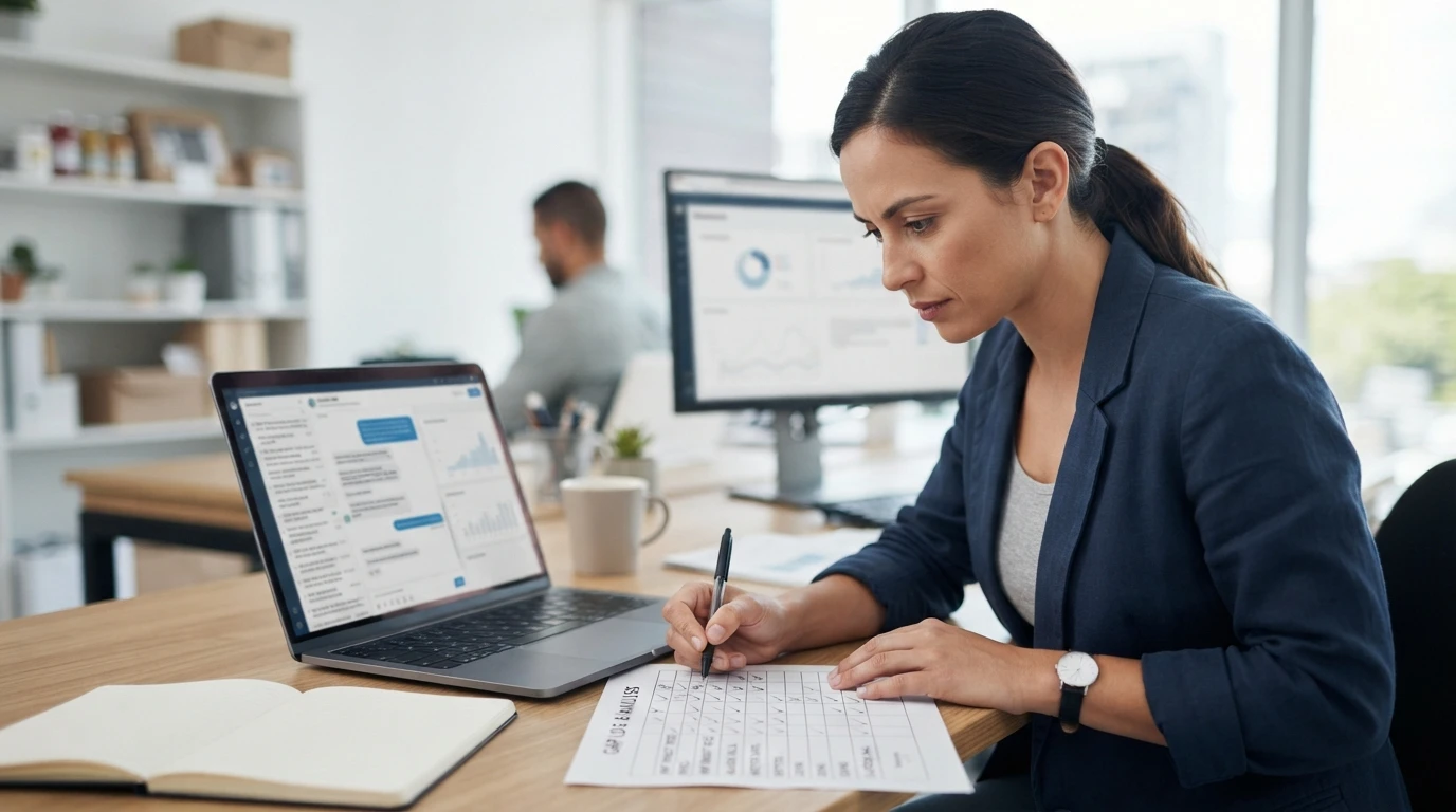 Support lead reviewing chatbot transcripts at desk