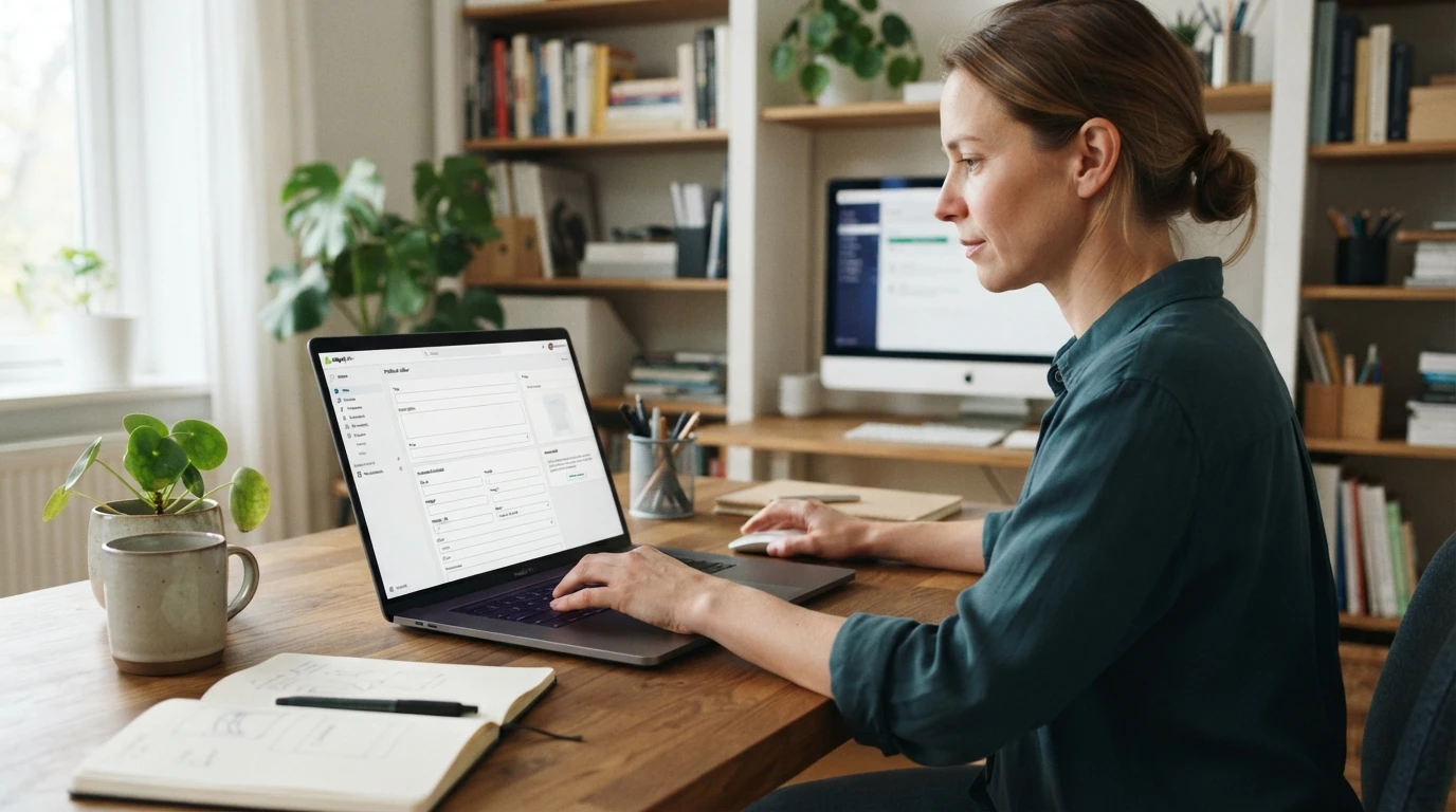 Merchant editing product fields on laptop