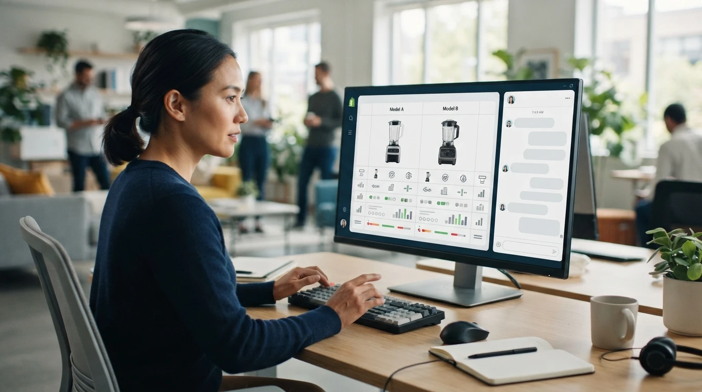 Agent reviewing side-by-side product specs beside chat