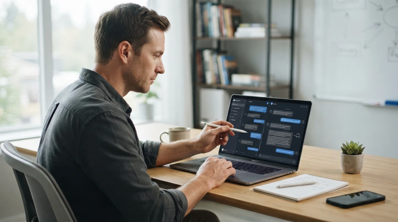 Merchant reviewing chatbot shipping answers on laptop