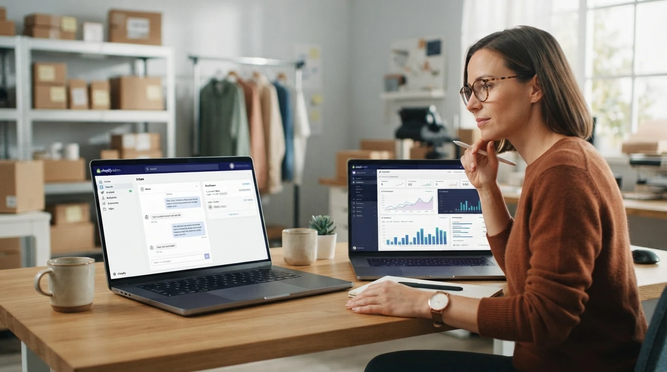 Store owner comparing two laptop screens