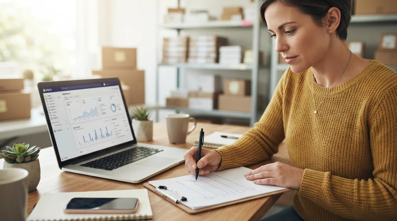 Shopify store owner reviewing chatbot evaluation checklist