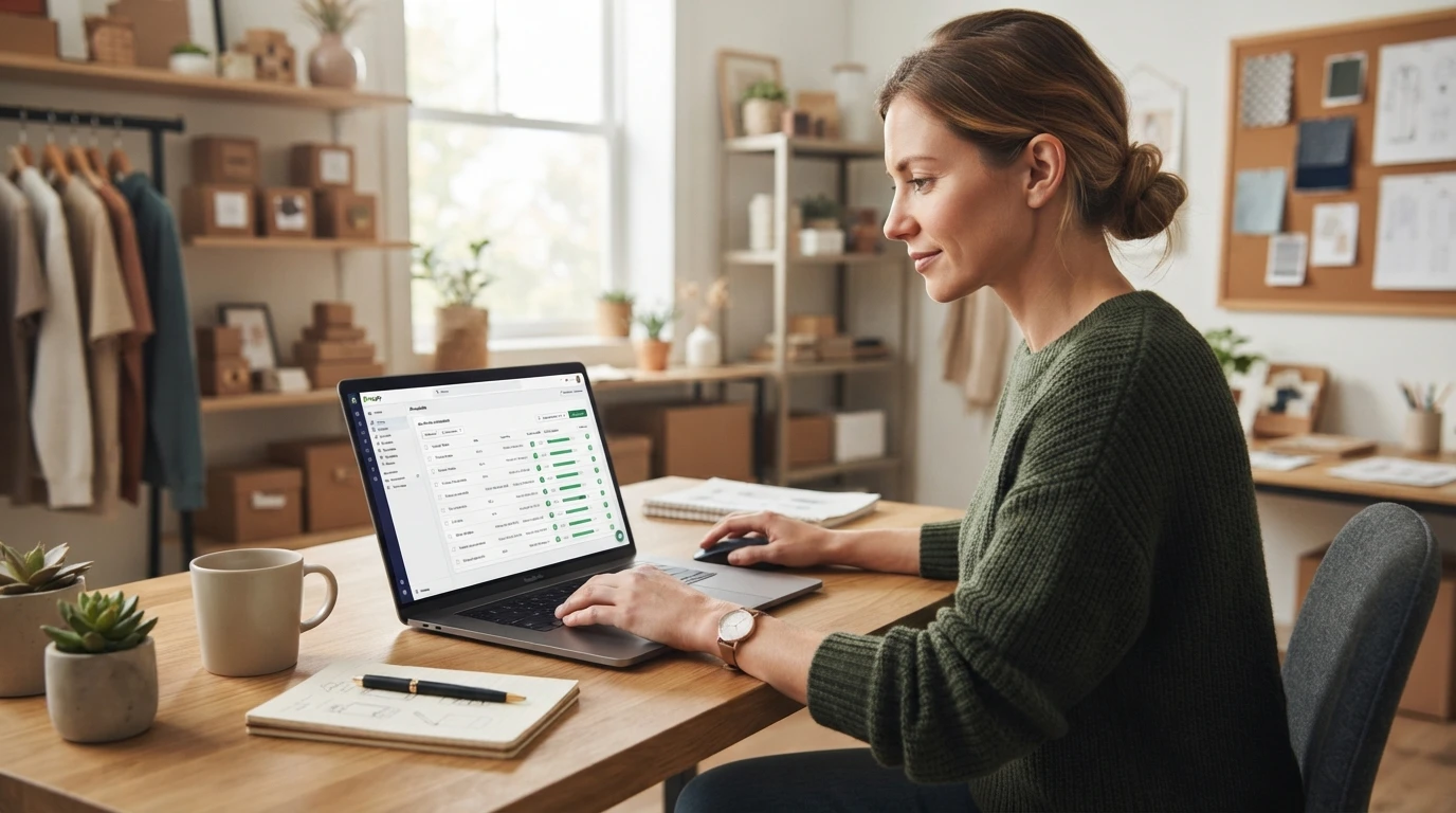 Merchant reviews Shopify catalog sync on laptop